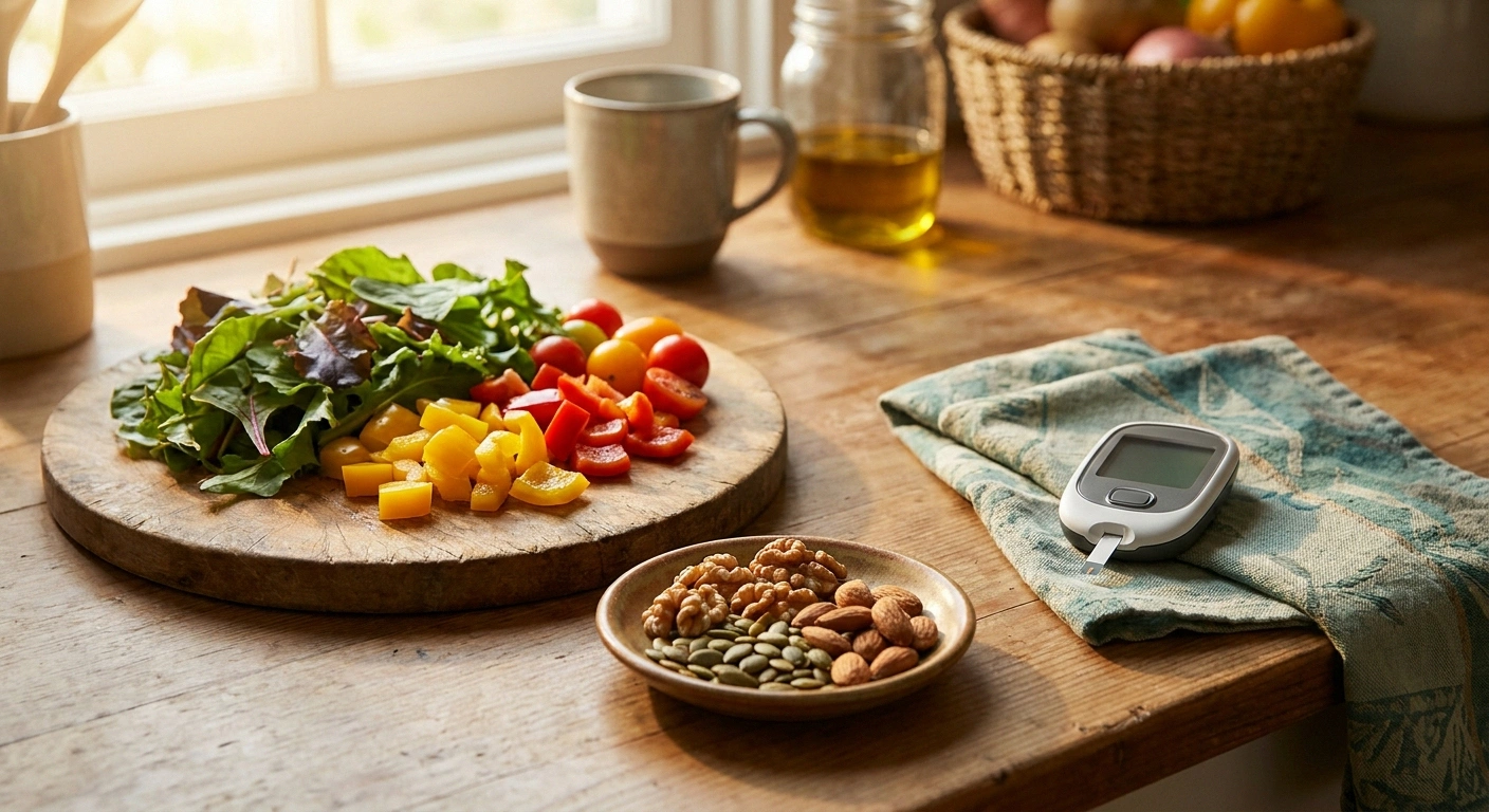 Warm editorial view of a home kitchen counter with fresh vegetables on a cutting board and a glucose meter set to the side.
