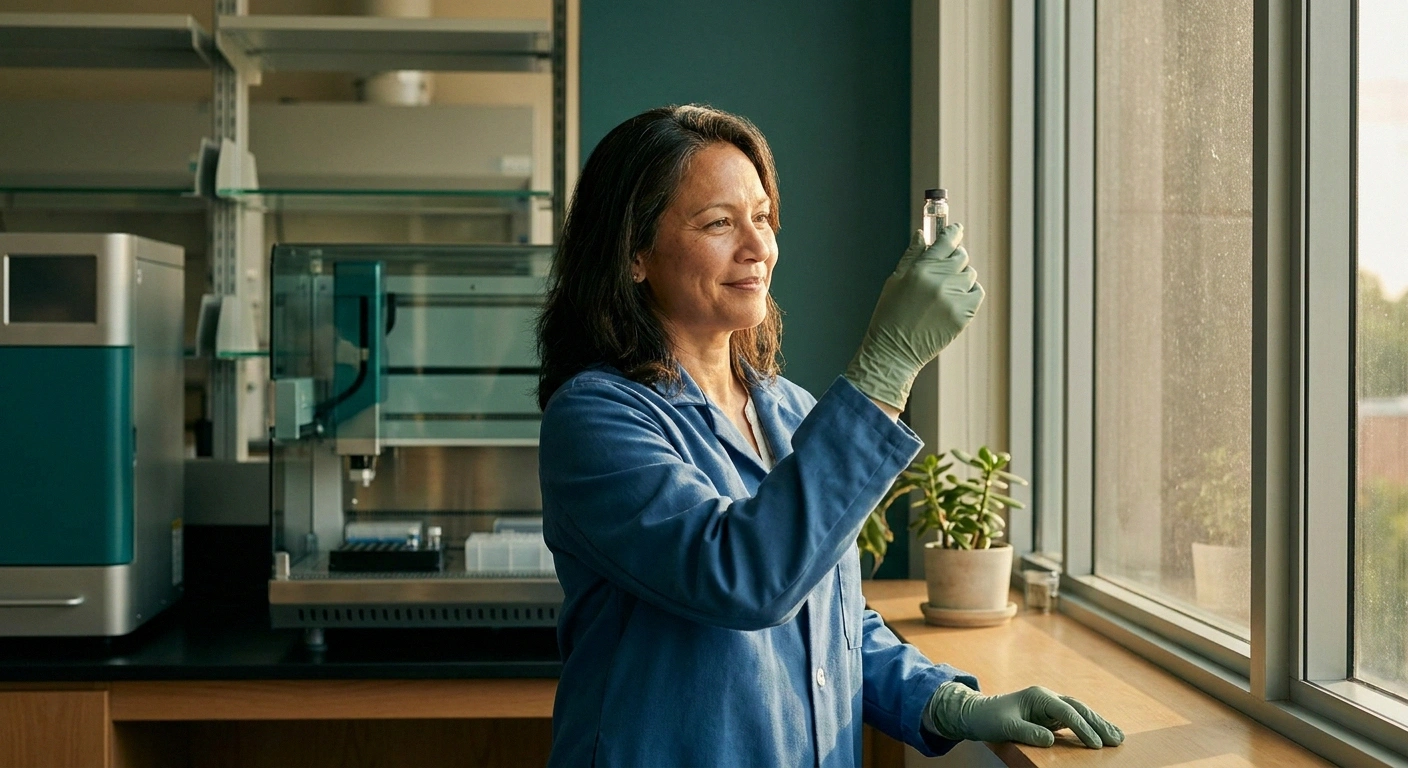 Midlife research scientist in a modern pharmaceutical lab holding a small vial up to natural window light.