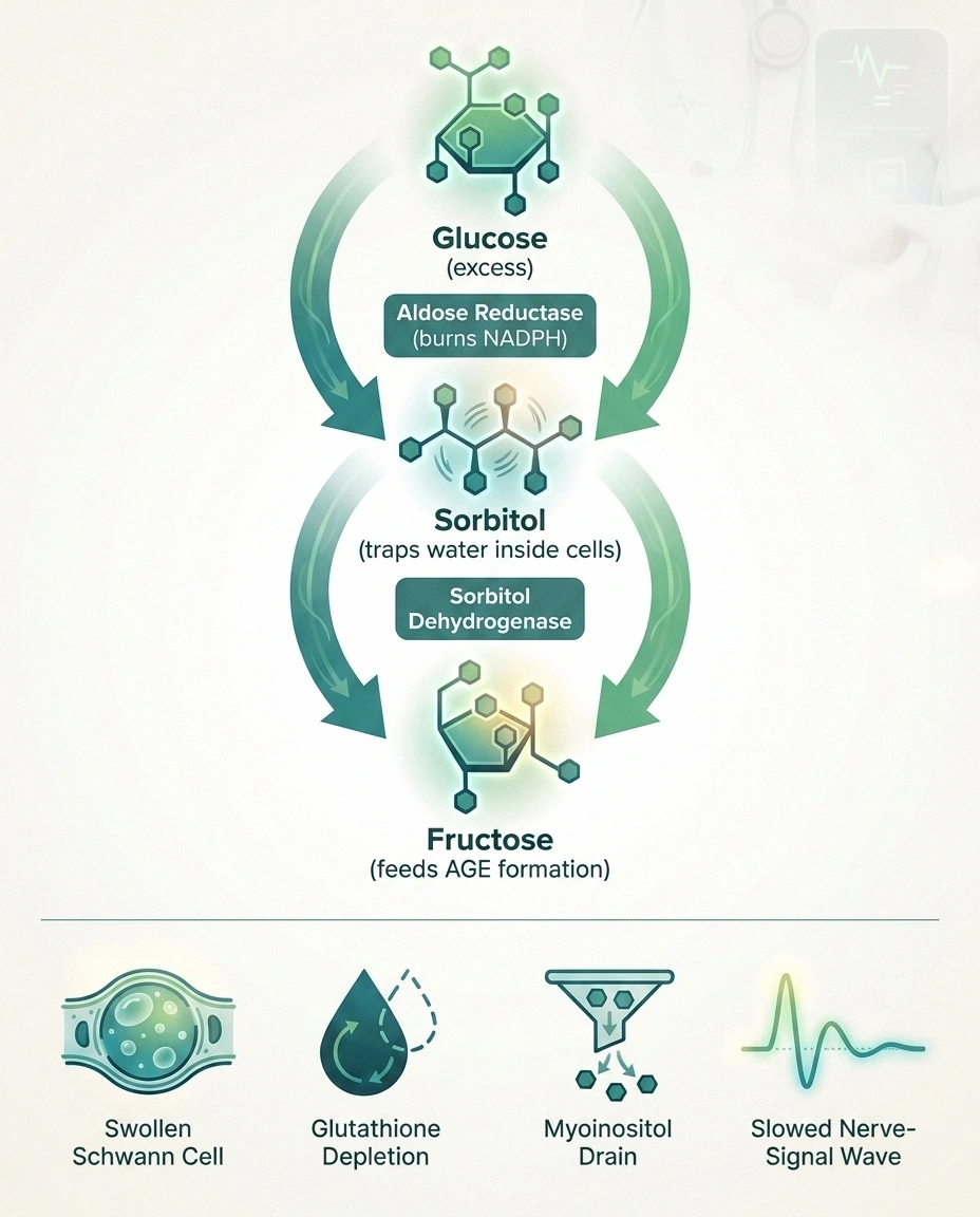 Infographic showing the polyol pathway steps from glucose to sorbitol to fructose with downstream effects on nerve cells.