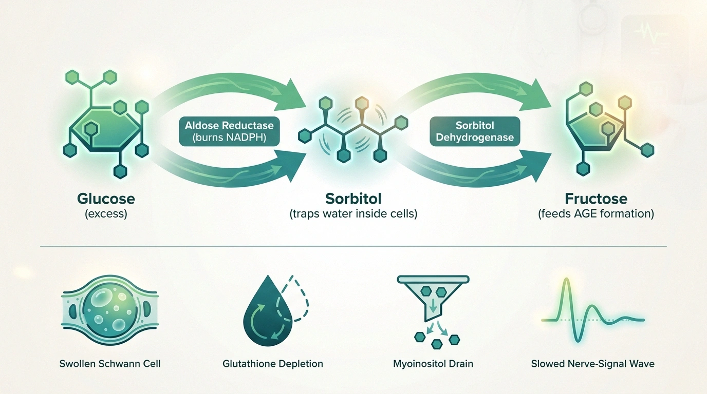 Infographic showing the polyol pathway steps from glucose to sorbitol to fructose with downstream effects on nerve cells.