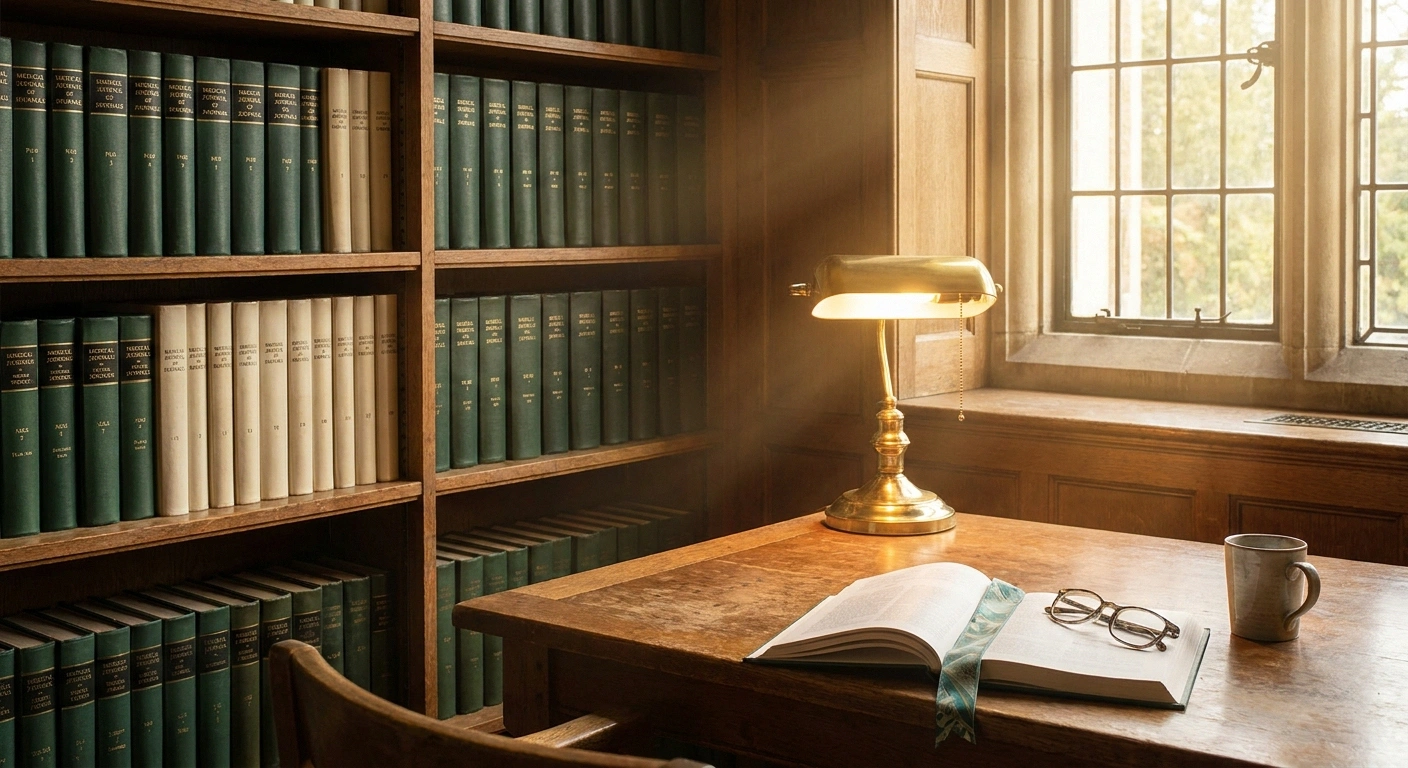 Warm editorial view of a research library alcove with bound medical journals and an open volume under a warm reading lamp.