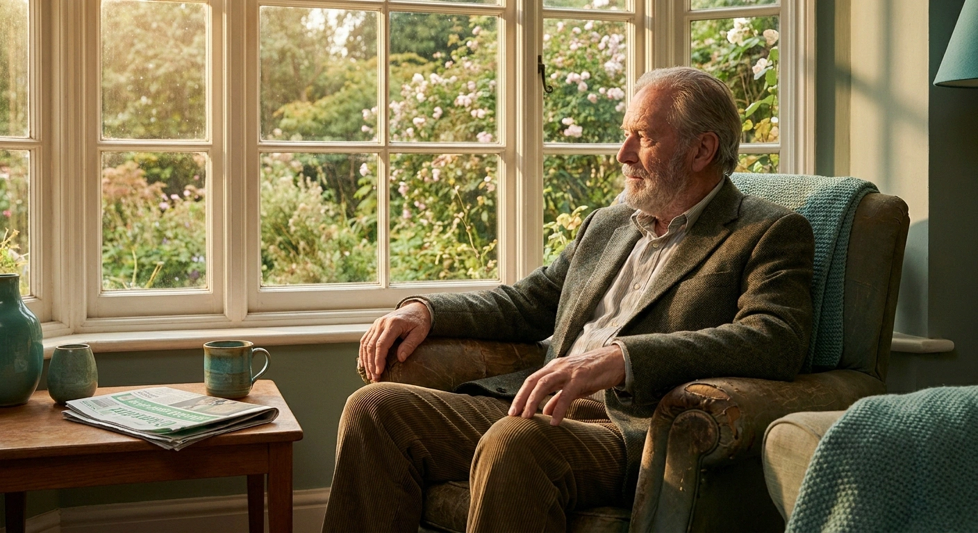Man in his seventies sitting calmly in a sunlit armchair by a window overlooking a garden, hands resting easily.