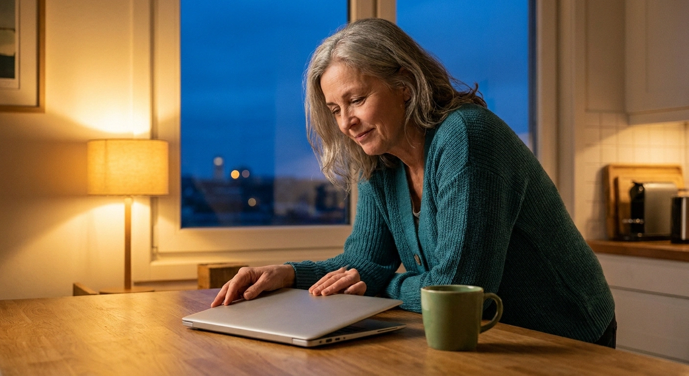 Woman in her sixties closing a laptop at a kitchen table in warm evening lamplight, shoulders relaxed.