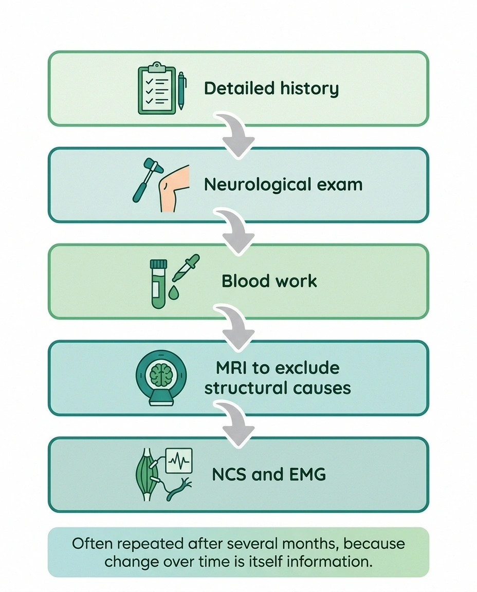 Five-step flow diagram of a neurological evaluation, from history and exam through blood work, MRI, and nerve conduction studies with EMG.