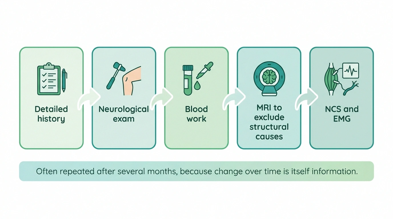 Five-step flow diagram of a neurological evaluation, from history and exam through blood work, MRI, and nerve conduction studies with EMG.