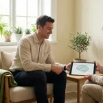 Neurologist sitting beside an older patient in a bright consultation room, reviewing a nerve diagram together on a tablet.