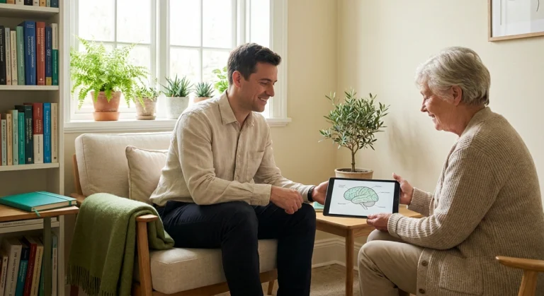 Neurologist sitting beside an older patient in a bright consultation room, reviewing a nerve diagram together on a tablet.