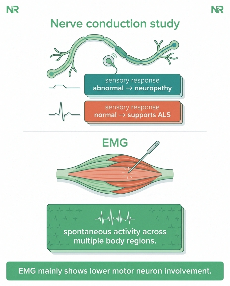 Infographic comparing what a nerve conduction study measures versus what an EMG measures when distinguishing neuropathy from ALS.