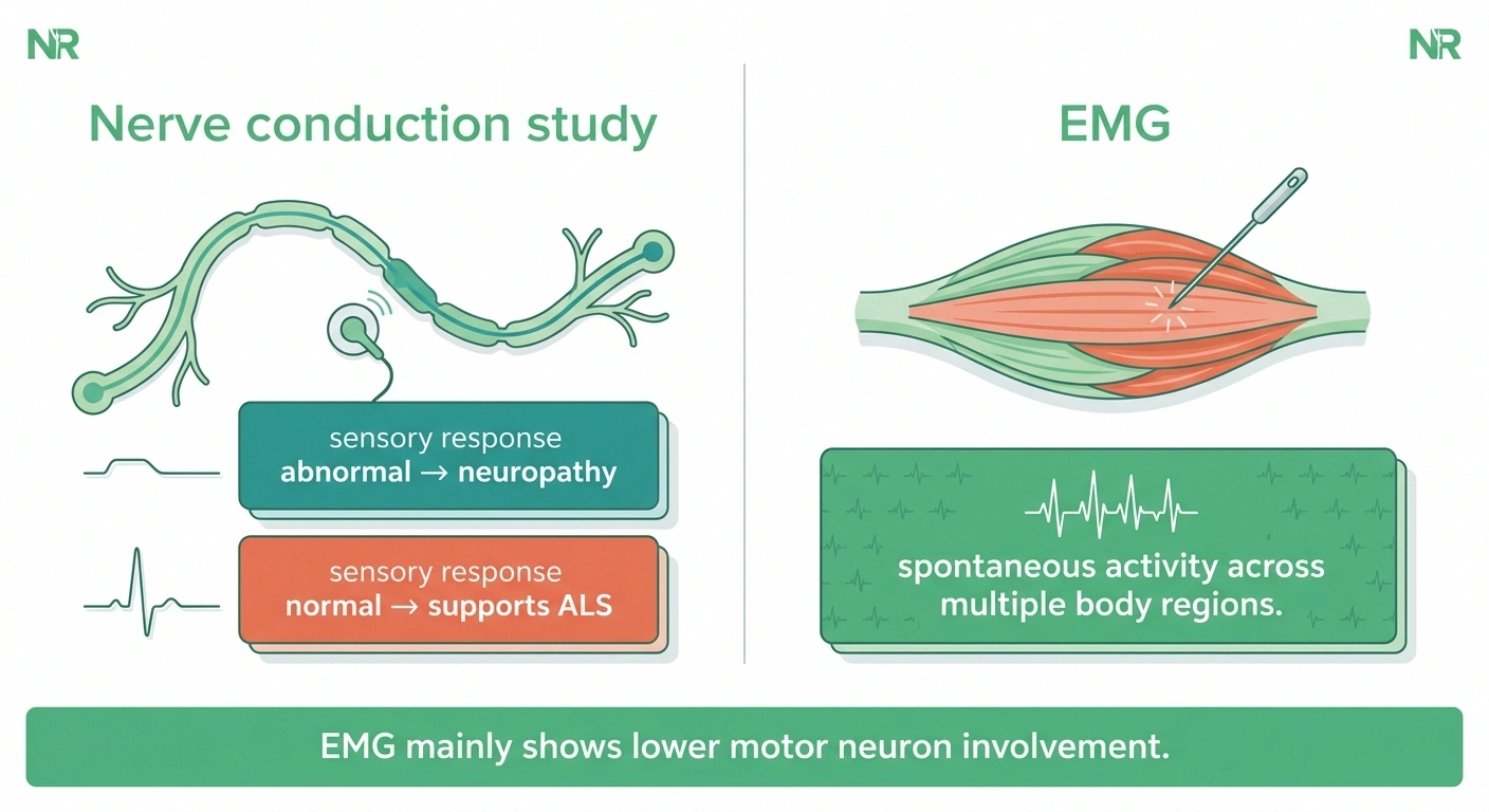Infographic comparing what a nerve conduction study measures versus what an EMG measures when distinguishing neuropathy from ALS.