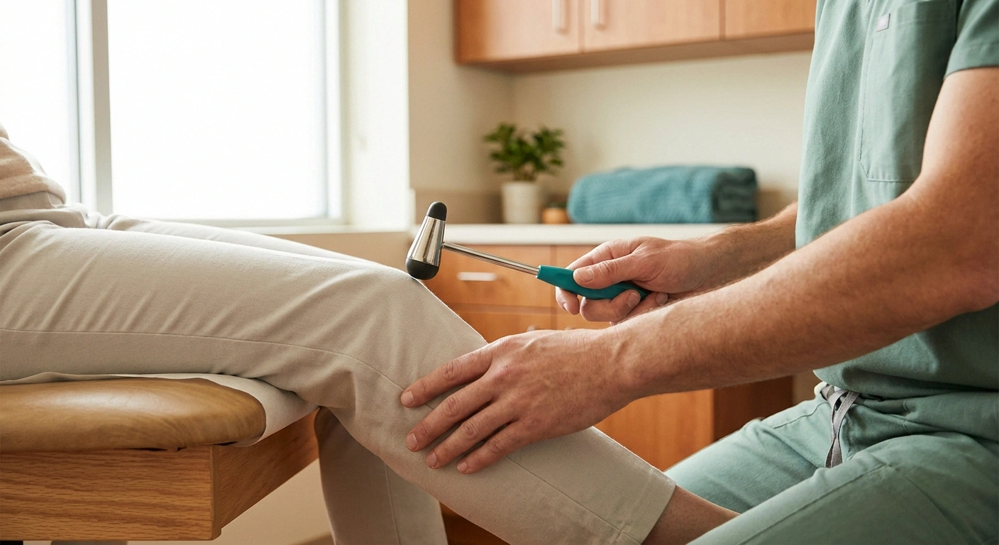 Clinician's hands testing a seated patient's knee reflex with a reflex hammer in a bright, calm exam room.