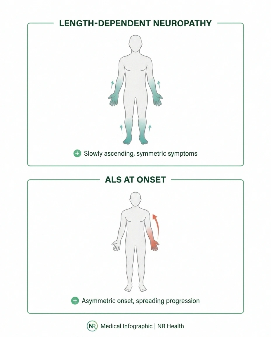 Two body-map diagrams comparing the symmetric stocking-glove pattern of peripheral neuropathy with the asymmetric single-limb onset pattern of ALS.