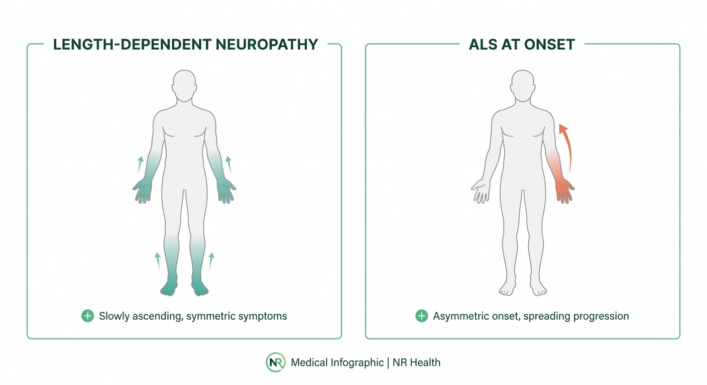 Two body-map diagrams comparing the symmetric stocking-glove pattern of peripheral neuropathy with the asymmetric single-limb onset pattern of ALS.