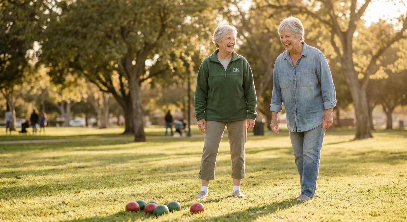 Two older friends playing bocce on a sunny lawn as a gentler alternative bowling game for people with neuropathy