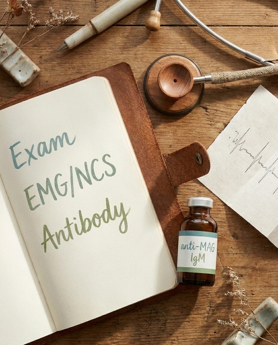 The three diagnostic pillars for anti-MAG neuropathy — exam, EMG nerve conduction, and antibody blood test