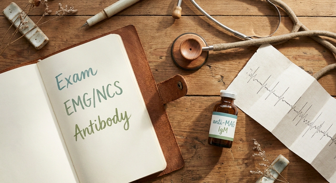 The three diagnostic pillars for anti-MAG neuropathy — exam, EMG nerve conduction, and antibody blood test
