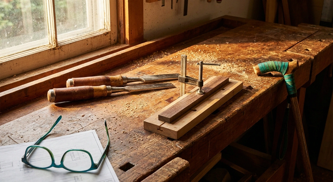 Adapted woodworking bench with larger-handled tools and a walking cane — living with anti-MAG neuropathy