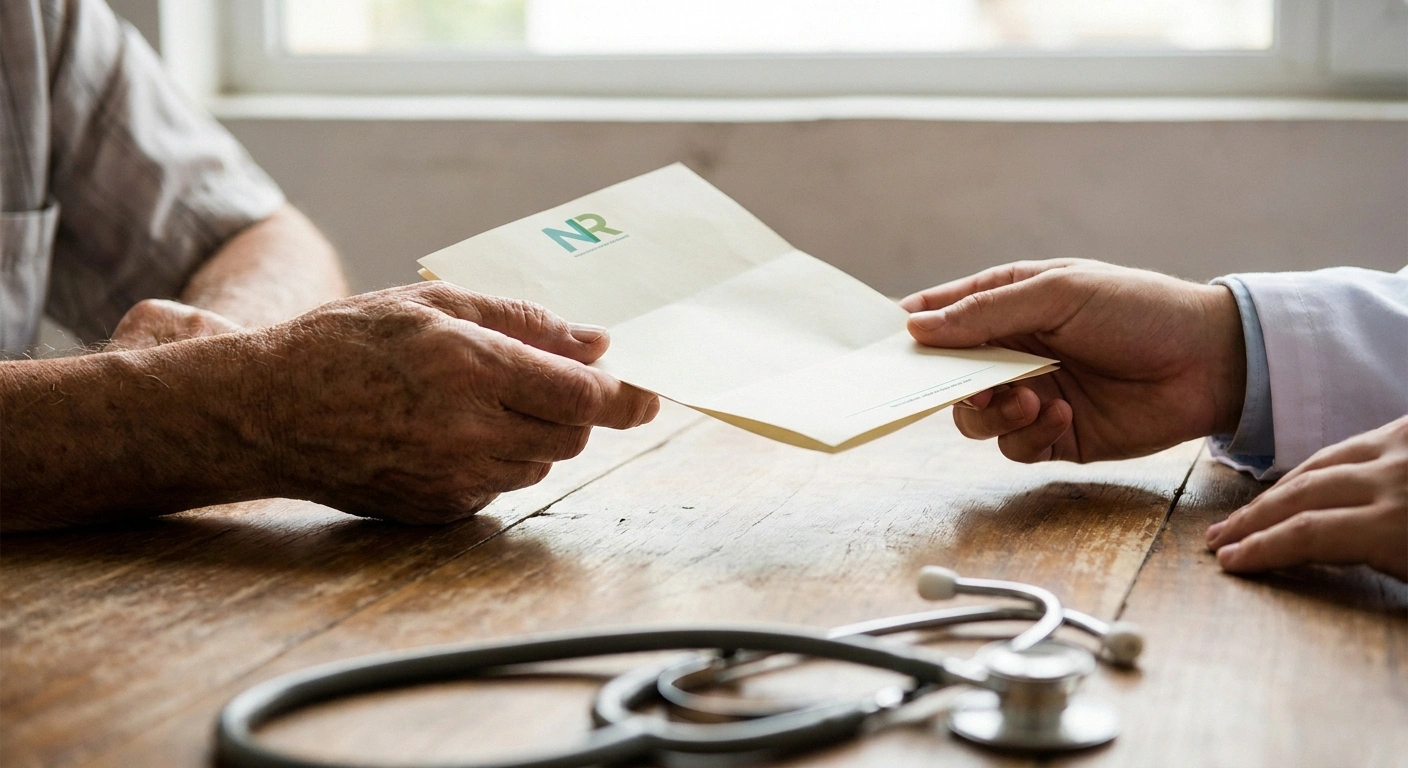 Patient handing a specialist referral to a doctor — advocating for neuromuscular evaluation of anti-MAG neuropathy
