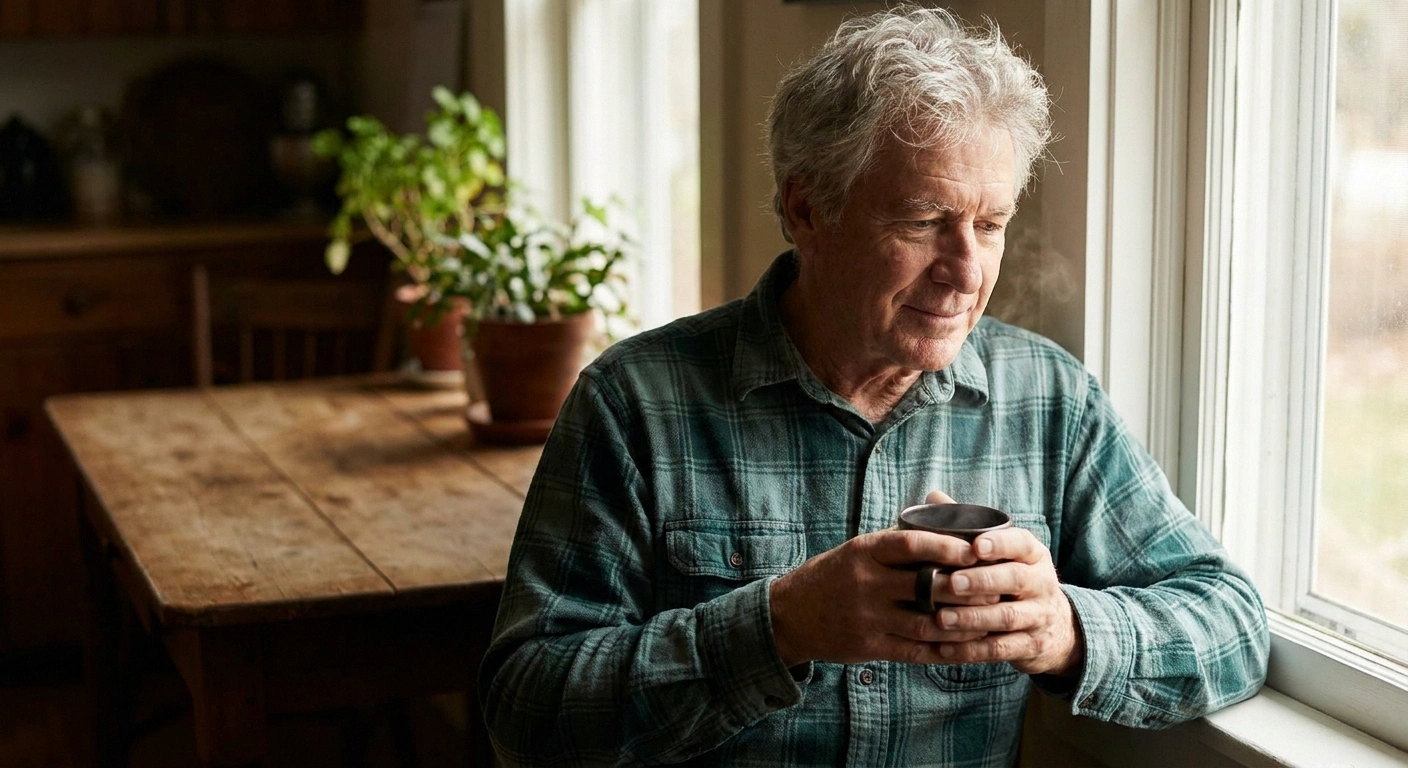 Older man using both hands to steady a coffee cup — a common daily adaptation with anti-MAG neuropathy tremor