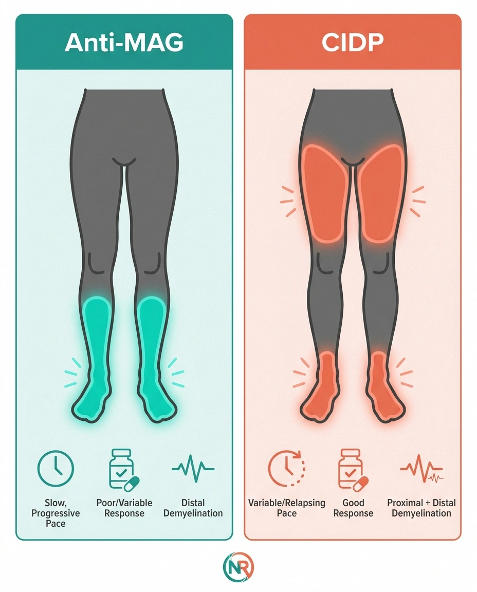Anti-MAG vs CIDP differential diagnosis — distal sensory pattern versus proximal motor pattern