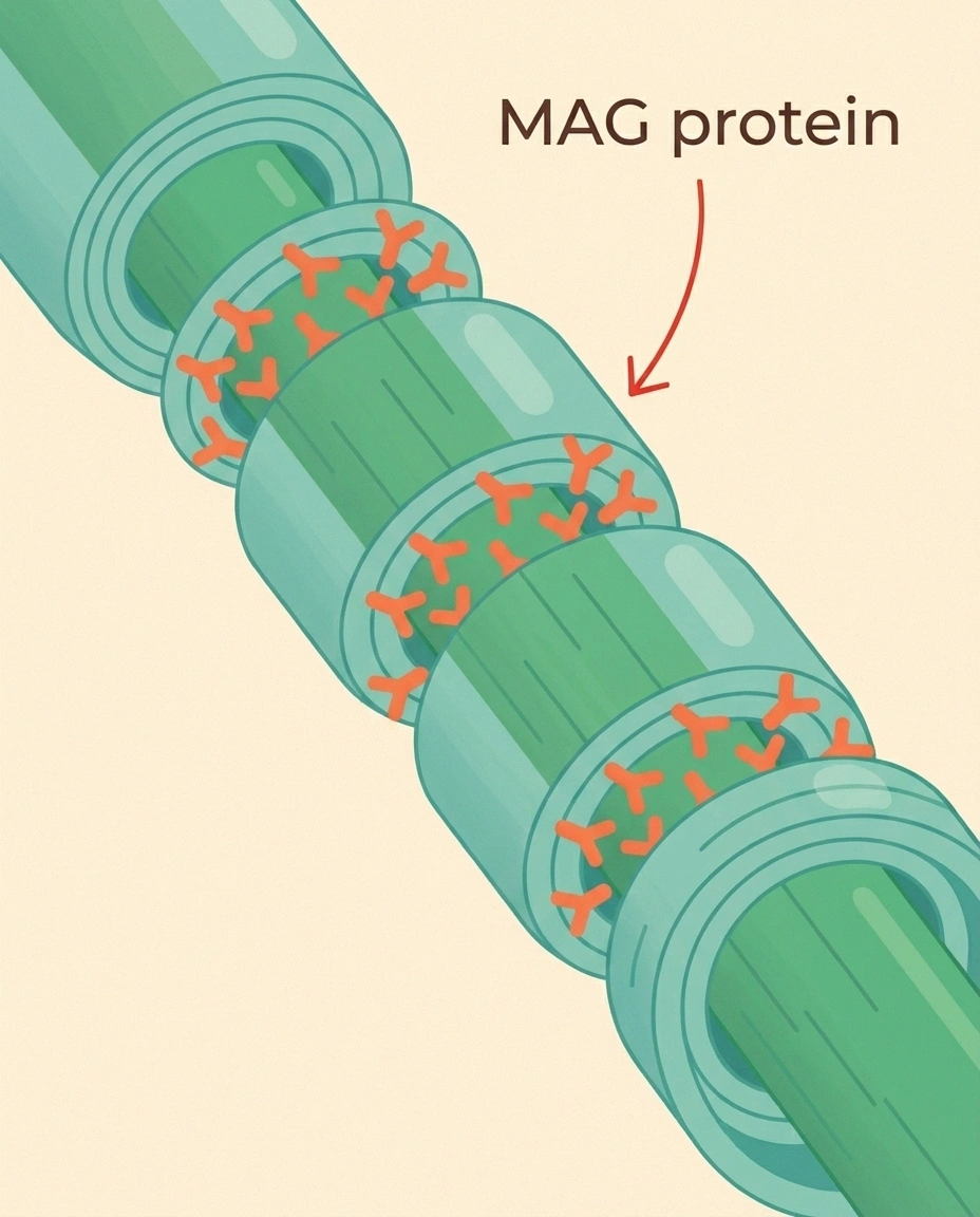 Illustration of anti-MAG antibodies binding to myelin-associated glycoprotein at peripheral nerve paranodes