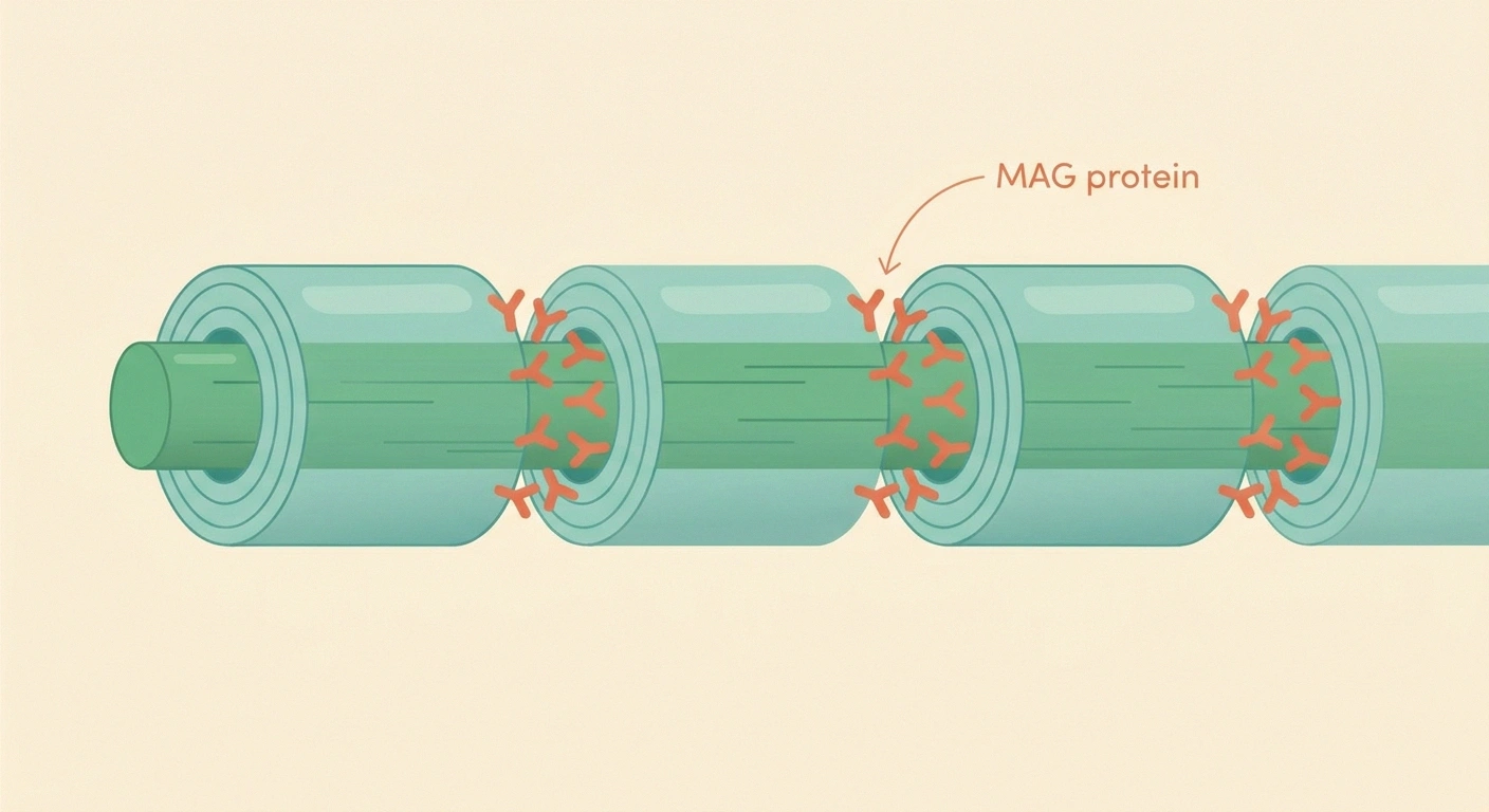 Illustration of anti-MAG antibodies binding to myelin-associated glycoprotein at peripheral nerve paranodes