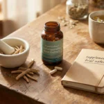 Ashwagandha root and standardized capsule supplements on a warm wooden surface with a small journal for tracking a supplement trial