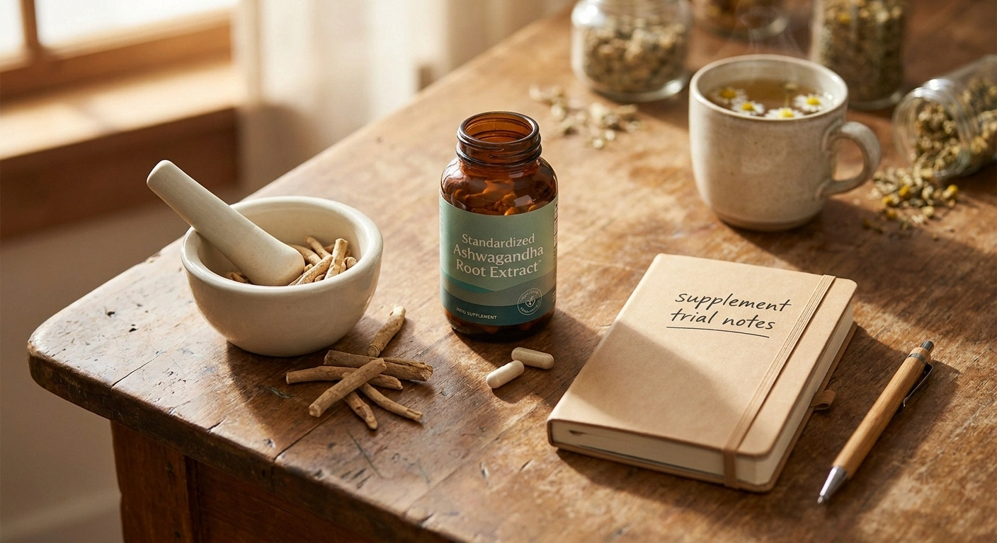 Ashwagandha root and standardized capsule supplements on a warm wooden surface with a small journal for tracking a supplement trial