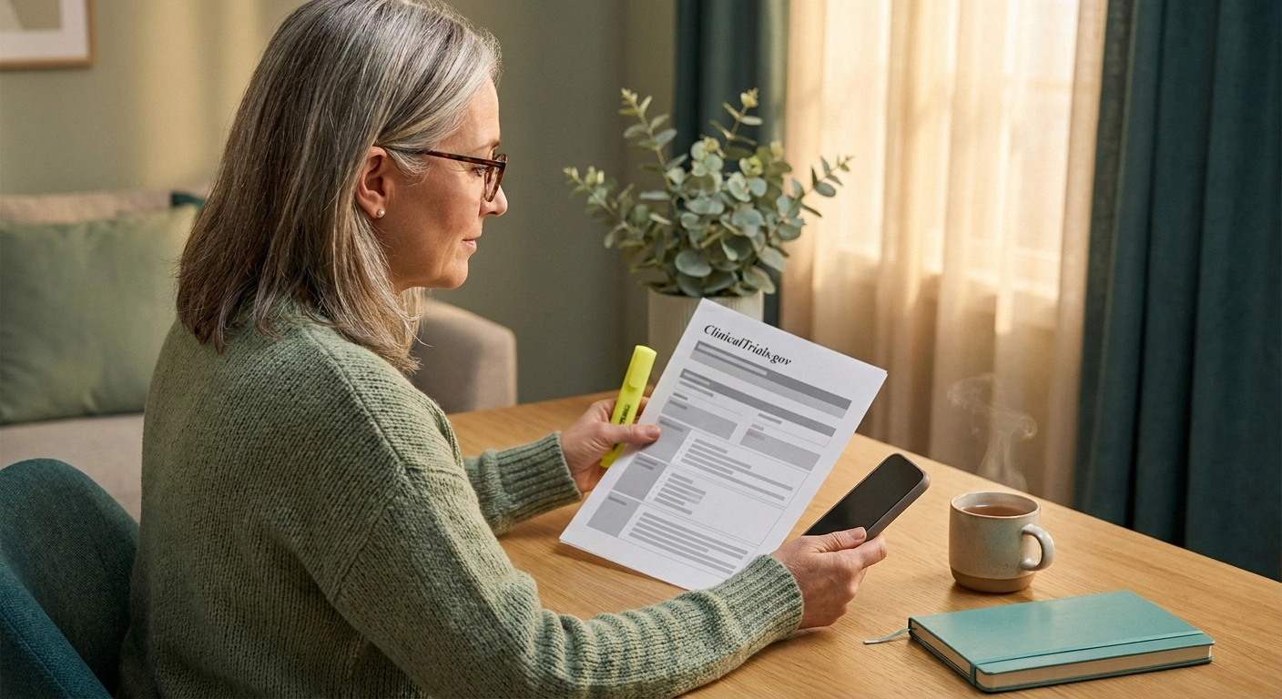 Patient advocate at a home desk reading a printed clinical trial listing with reading glasses and a phone nearby.