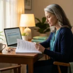 Patient advocate reading a stack of clinical trial printouts about ATX01 topical amitriptyline at a warmly lit home desk.