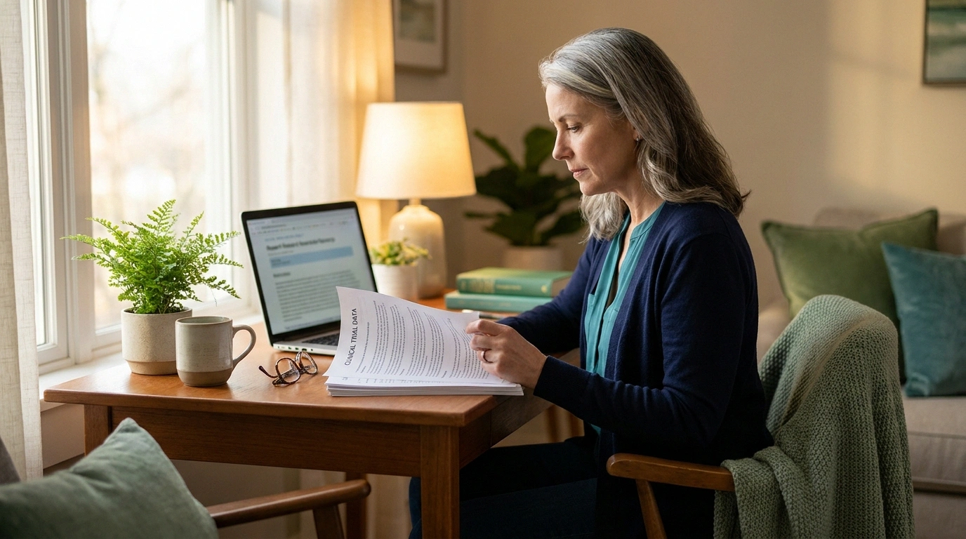 Patient advocate reading a stack of clinical trial printouts about ATX01 topical amitriptyline at a warmly lit home desk.