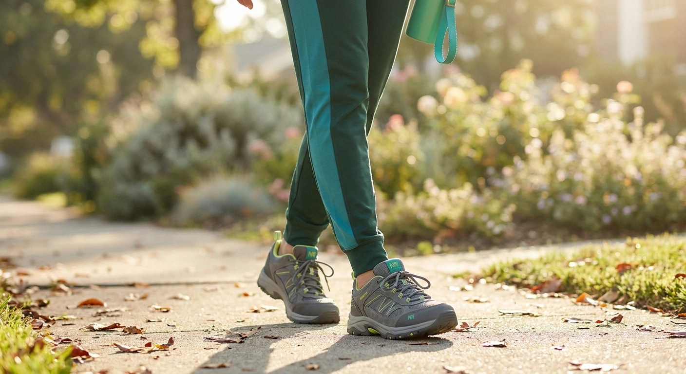 Woman walking confidently in supportive shoes on a neighborhood sidewalk on a sunny morning.