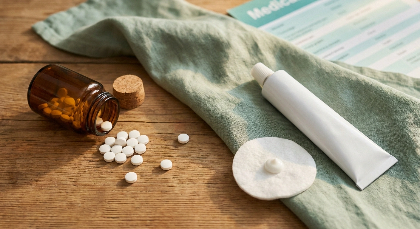 Overhead comparison of an unbranded pill bottle with tablets on the left and an unbranded topical cream tube on the right.