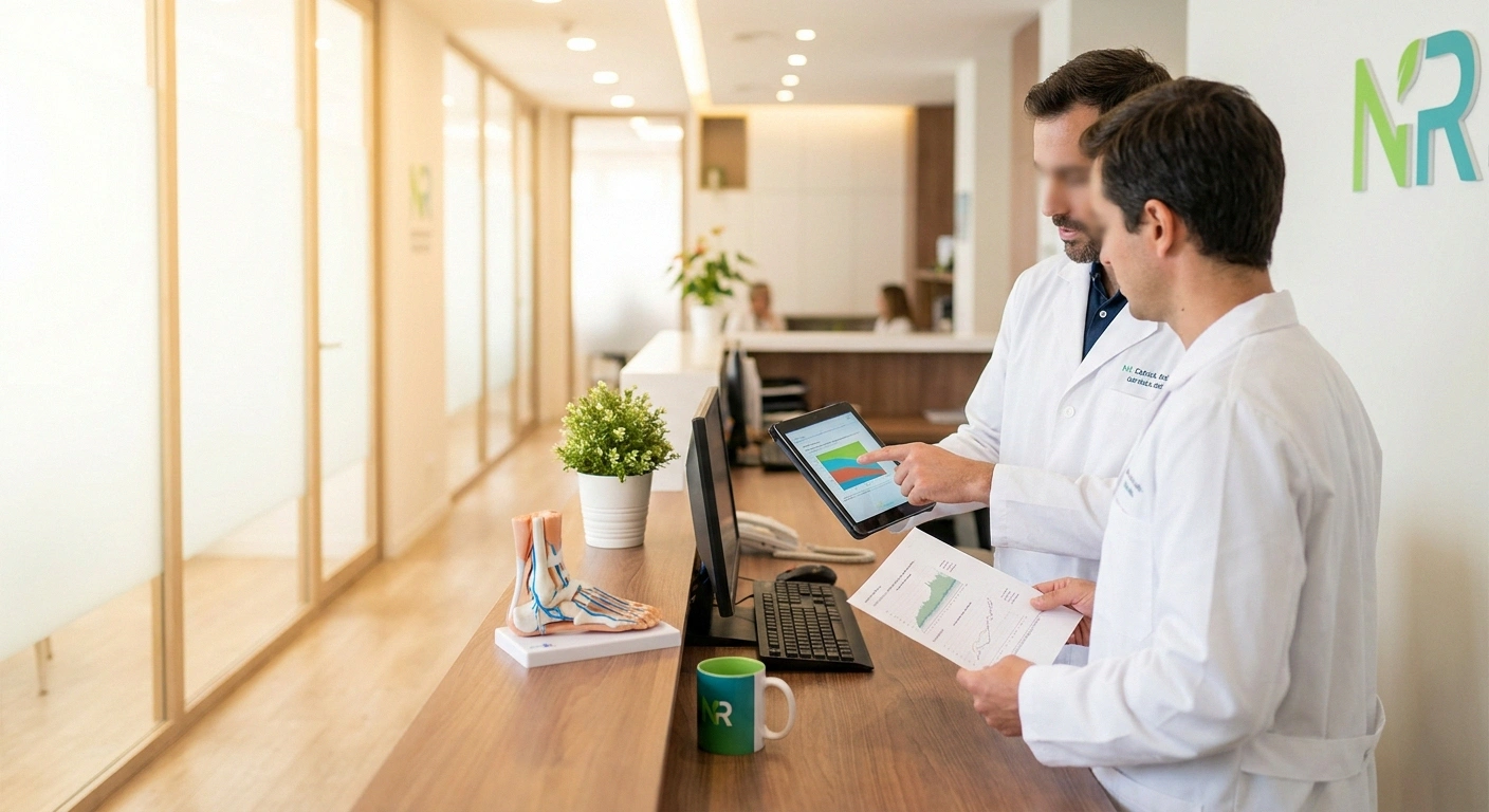 Two clinicians reviewing a printed clinical trial paper and a tablet chart together in a medical hallway.