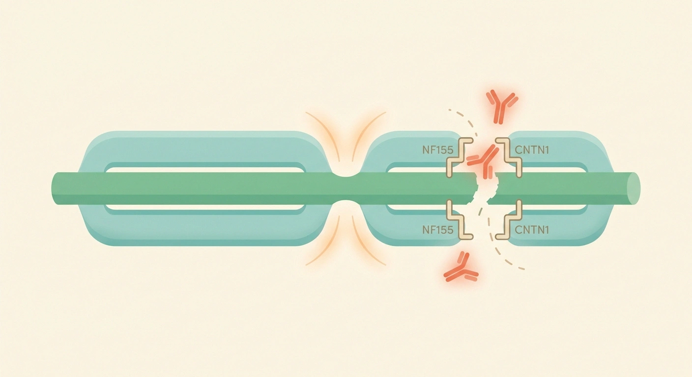 Illustration of IgG4 antibodies disrupting NF155 and CNTN1 protein brackets at the node of Ranvier in autoimmune nodopathy