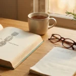 Warm desk still life with an open neurology book showing node of Ranvier illustration for autoimmune nodopathy overview