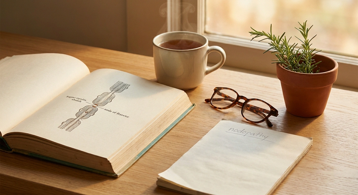 Warm desk still life with an open neurology book showing node of Ranvier illustration for autoimmune nodopathy overview