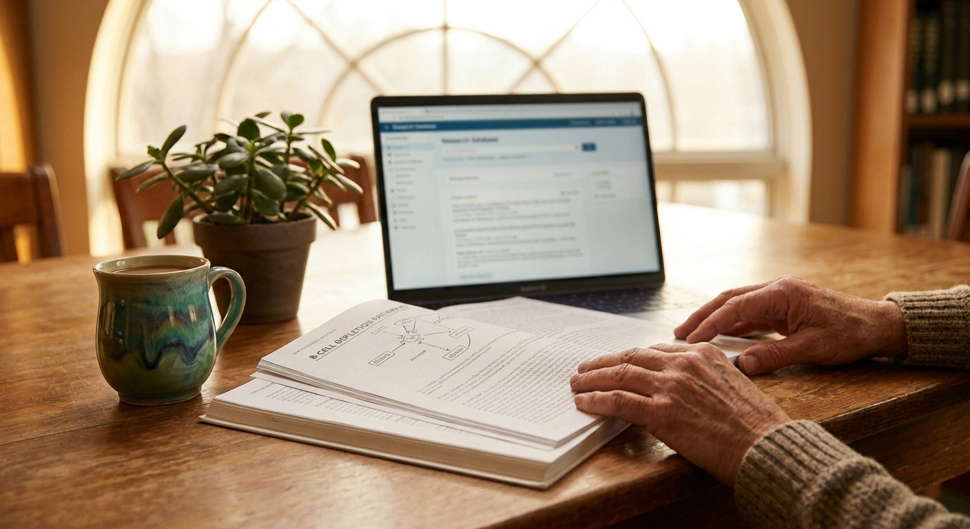 Patient reading peer-reviewed nodopathy research at a sunlit desk — the forward momentum of autoimmune nodopathy science