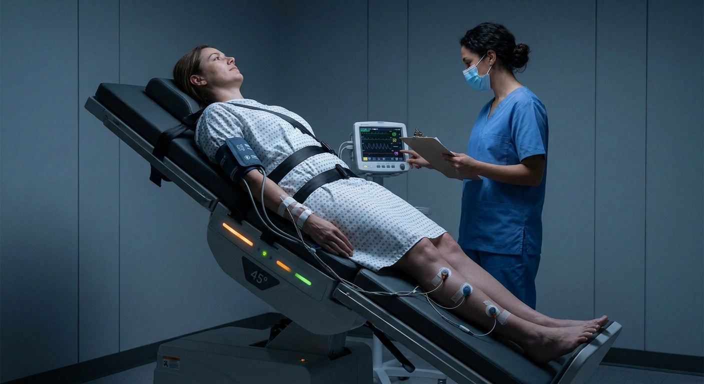 Patient undergoing autonomic reflex screen with tilt table and sweat testing capsules
