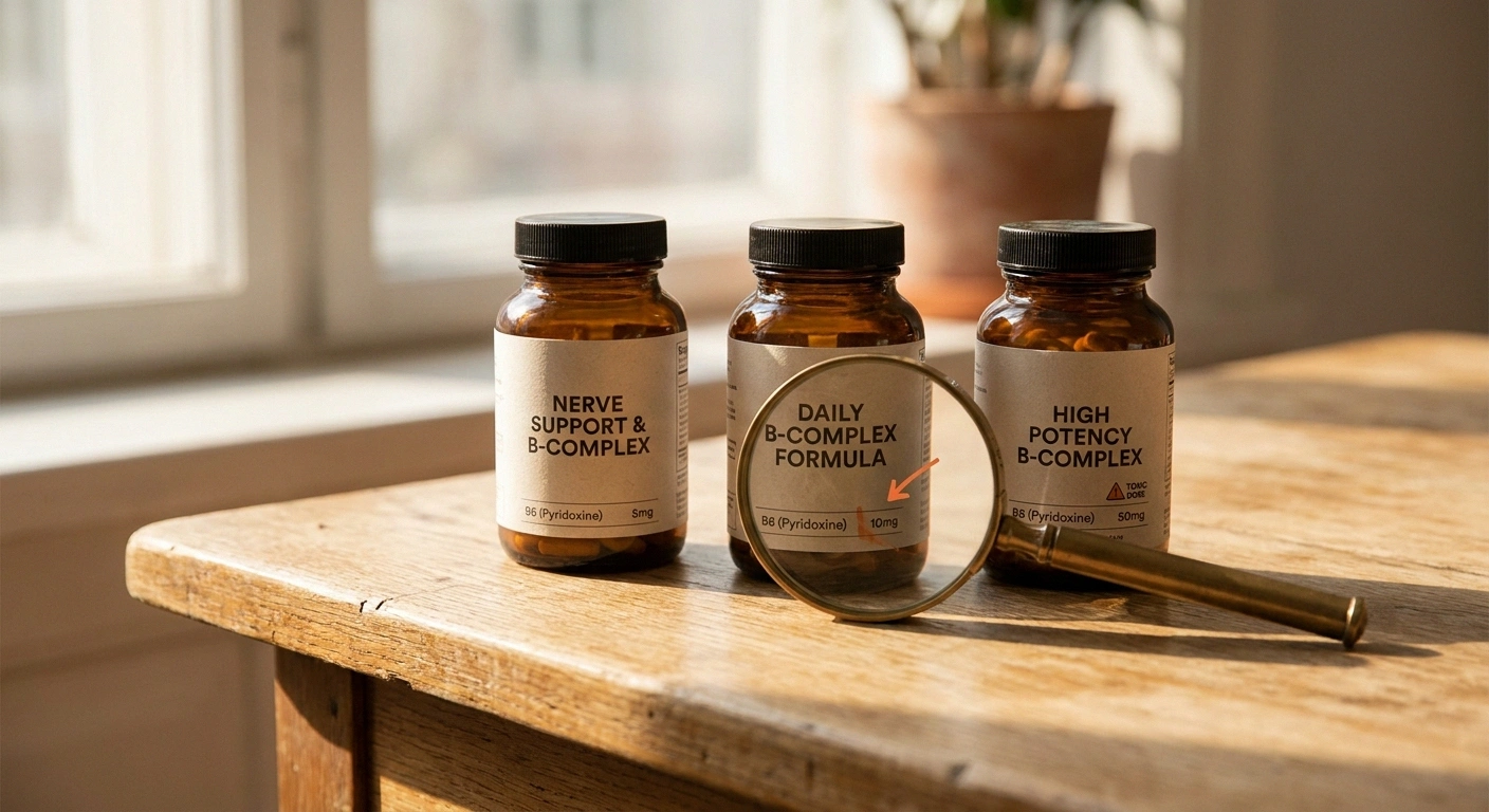 Close-up of three B-complex and nerve support supplement bottles showing vitamin B6 dosages that can stack to toxic levels