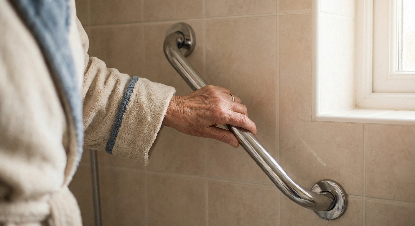Hand steadying on a shower grab bar showing safe balance habits for neuropathy patients with reduced foot sensation