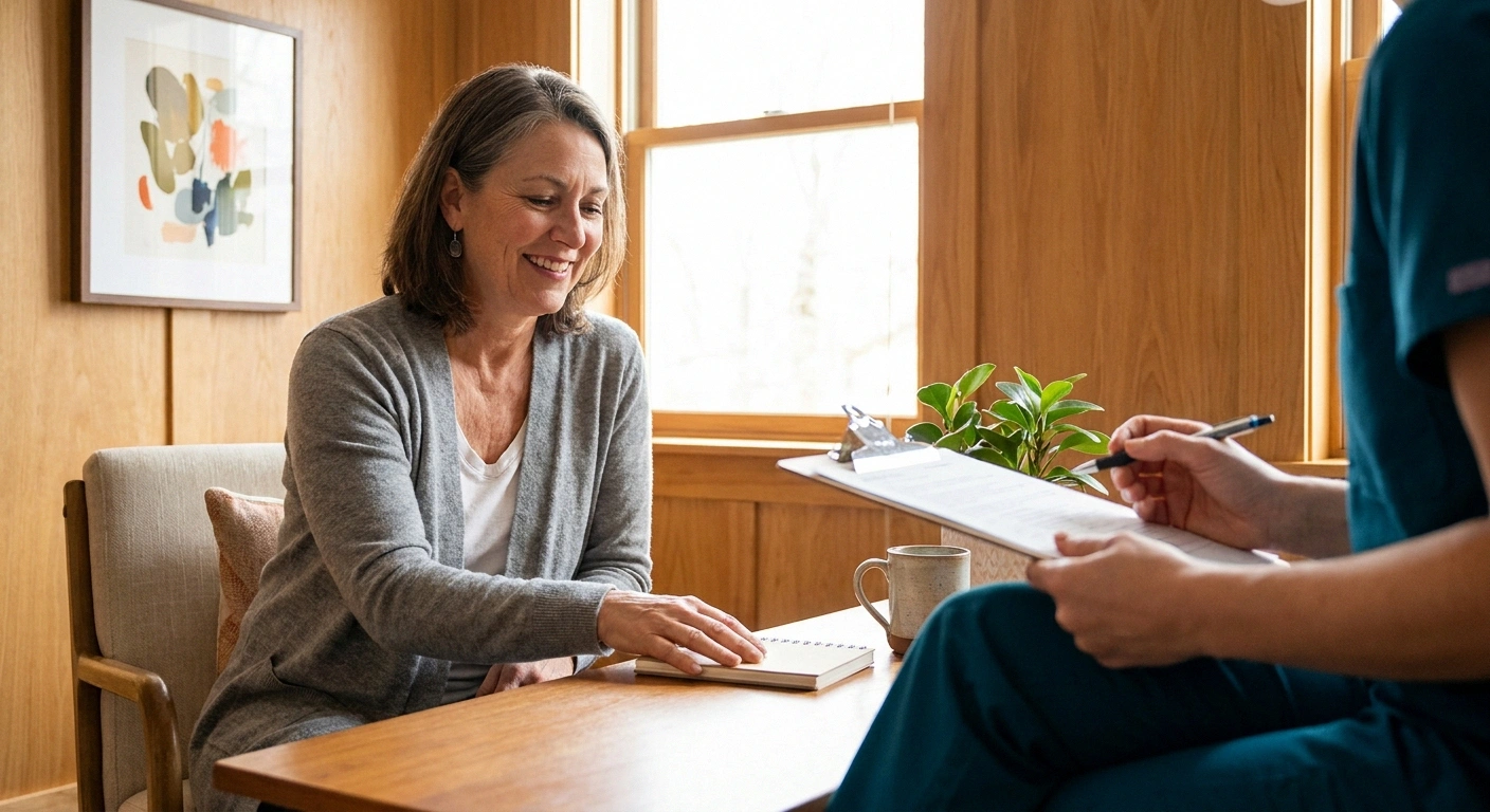 Pre-bariatric-surgery patient consultation with dietitian, notepad visible