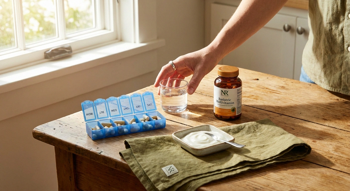 Morning routine of bariatric multivitamin, B12, water, and small protein meal
