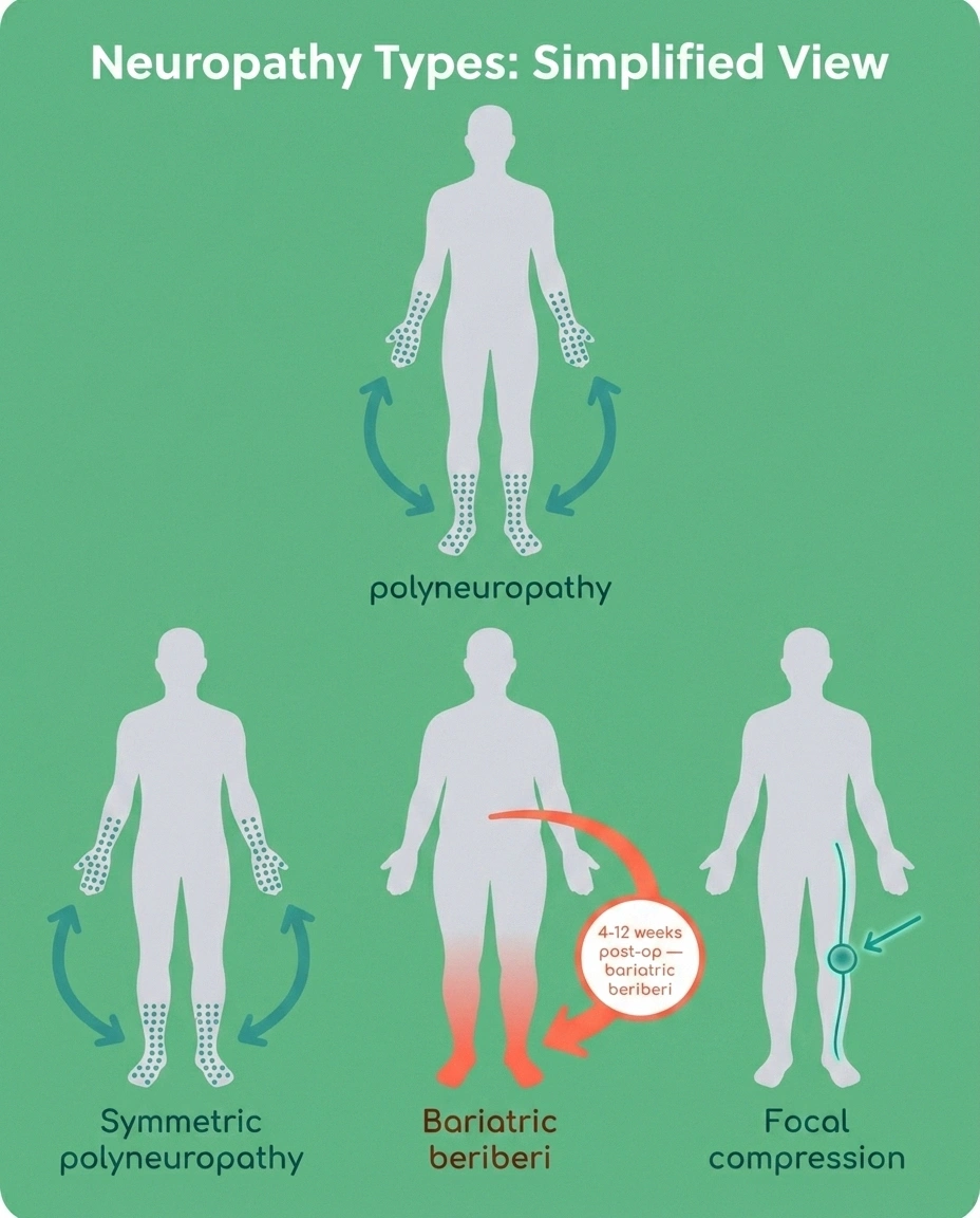 Three post-bariatric neuropathy patterns compared: symmetric polyneuropathy, beriberi, focal compression