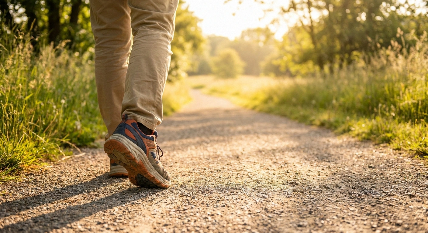 Person in cushioned walking shoes walking a smooth park path — post-bariatric nerve recovery