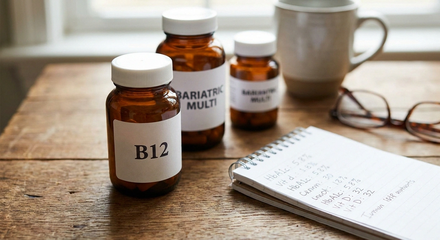 Post-bariatric supplement bottles beside a lab-values notebook page on a wood surface