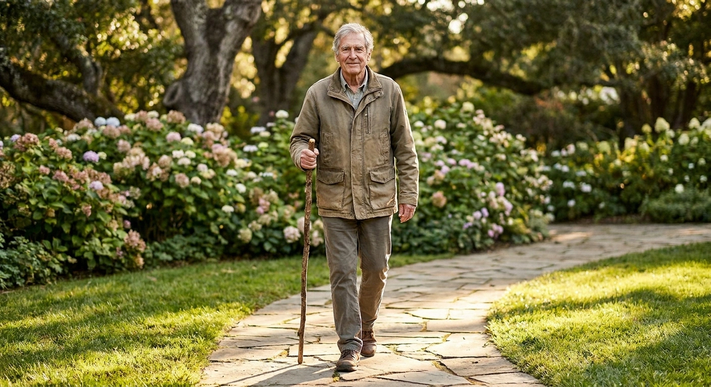 Older adult using a cane for balance support while managing bortezomib-related nerve symptoms
