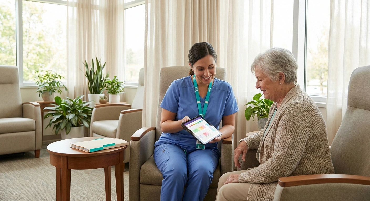 Oncology nurse reviewing a bortezomib dose schedule adjustment with a patient