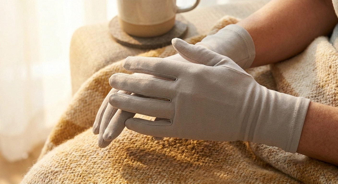 Close-up of hands wearing compression gloves to ease bortezomib-related nerve sensitivity