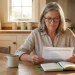 Multiple myeloma patient reviewing her bortezomib treatment schedule at her kitchen table