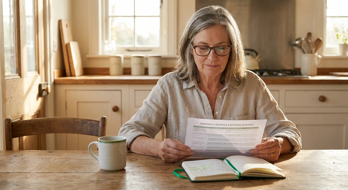Multiple myeloma patient reviewing her bortezomib treatment schedule at her kitchen table